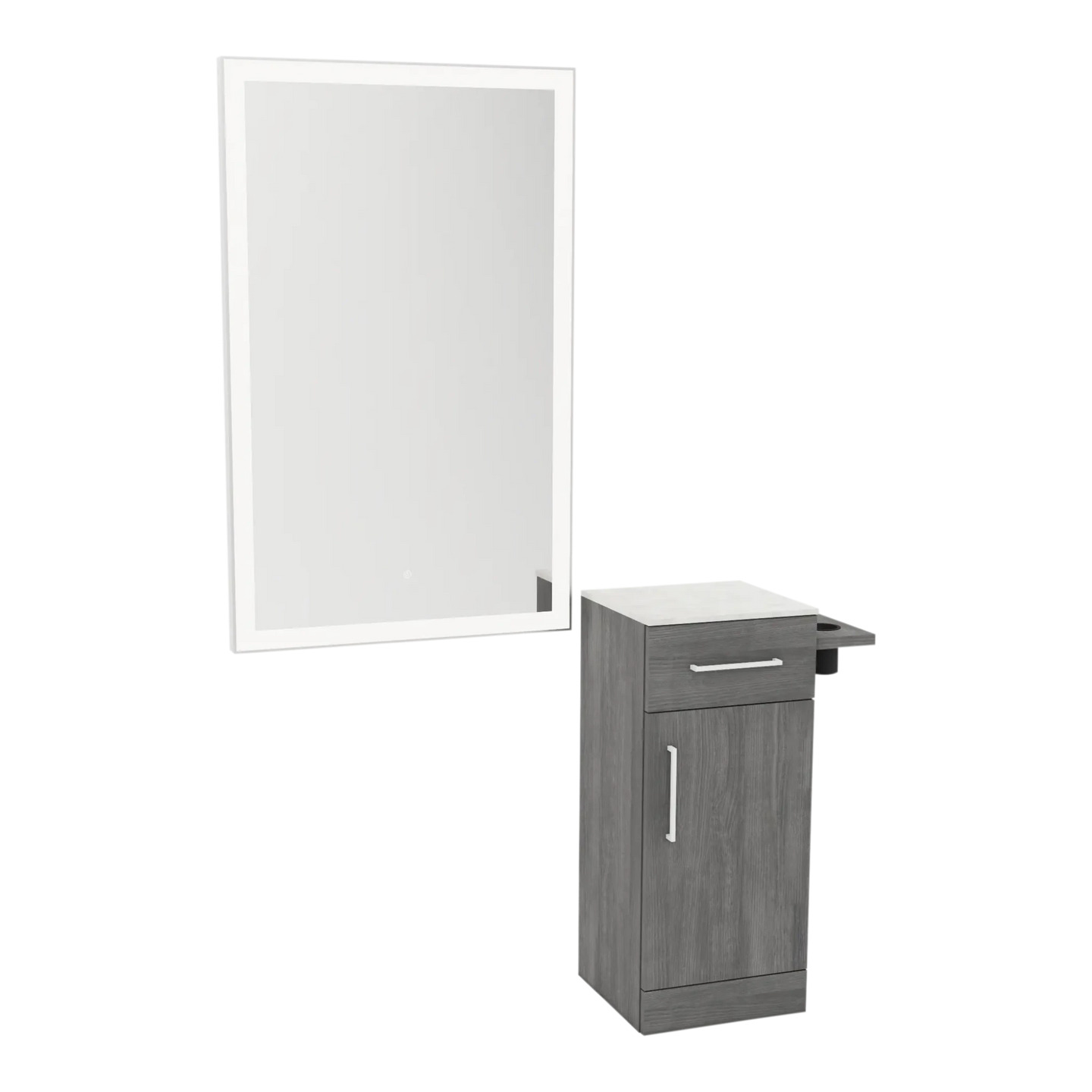Nova Wall Mount Styling Station with Concealed Appliance Holder, Solid Surface Countertop, and Silver Rectangle Glo Mirror - Kaemark