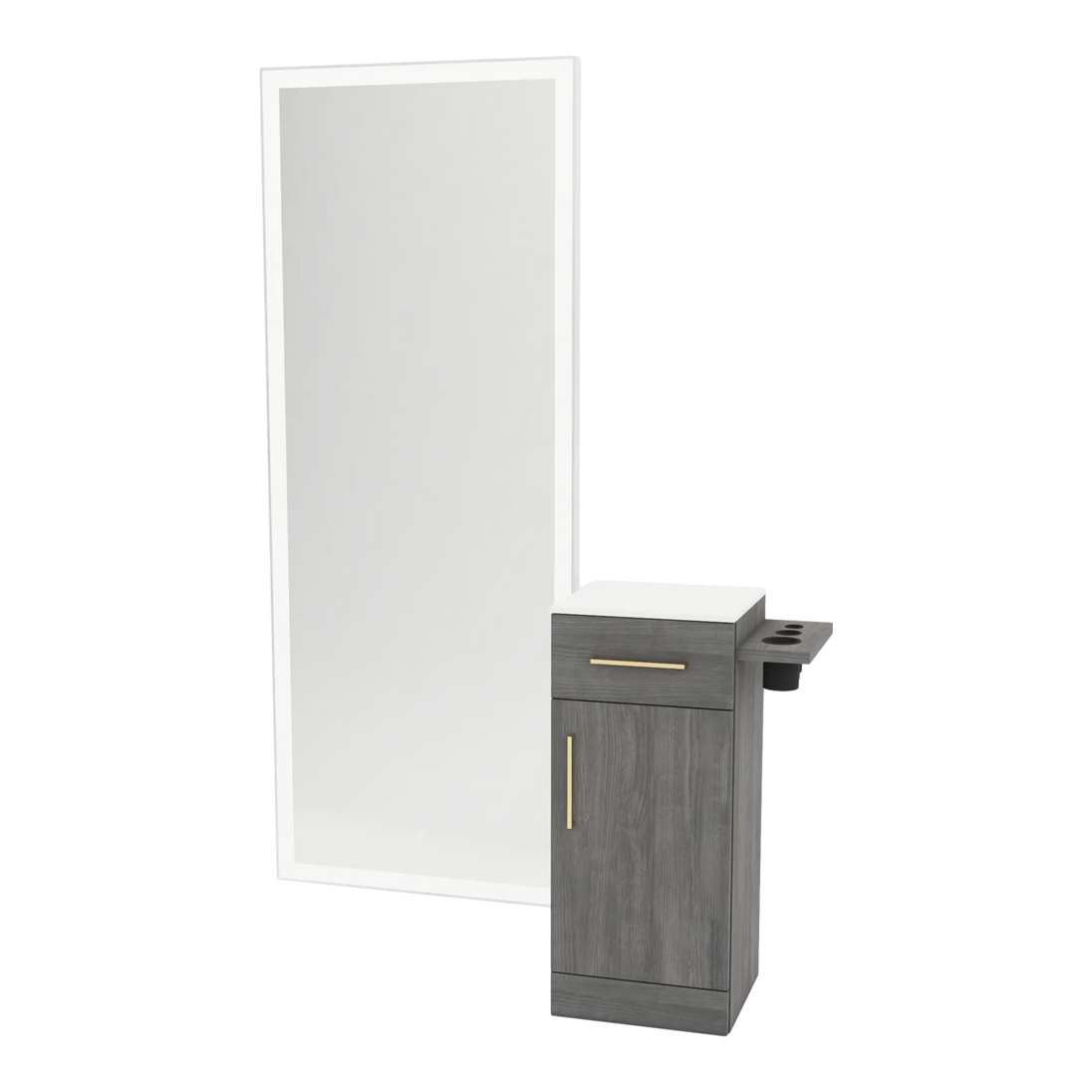 Nova Tower Free Standing Styling Station with Side-Mount Appliance Holder, Solid Surface Countertop, and Silver Full-Length Rectangle Glo Mirror - Kaemark