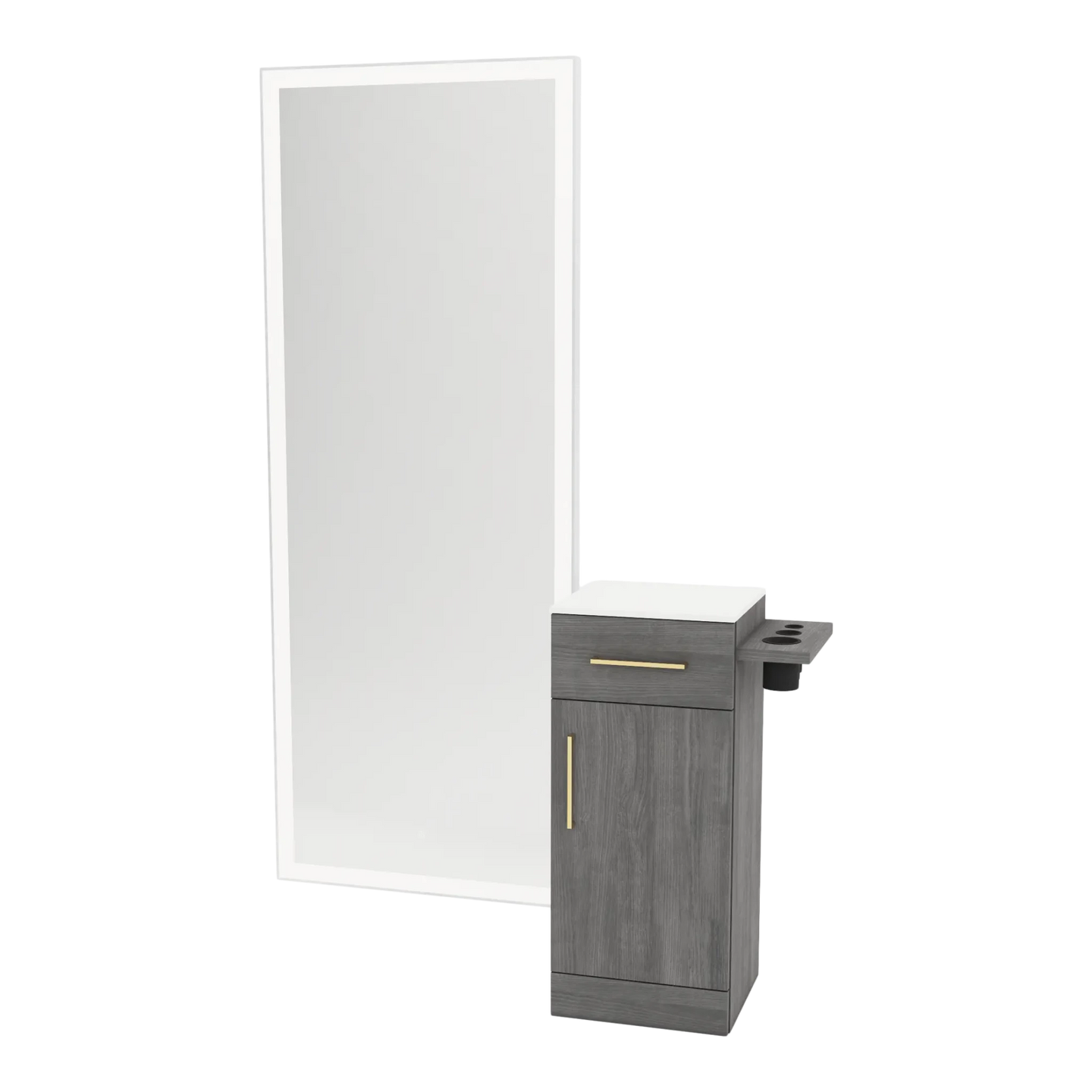 Nova Tower Free Standing Styling Station with Side-Mount Appliance Holder, Solid Surface Countertop, and Silver Full-Length Rectangle Glo Mirror - Kaemark