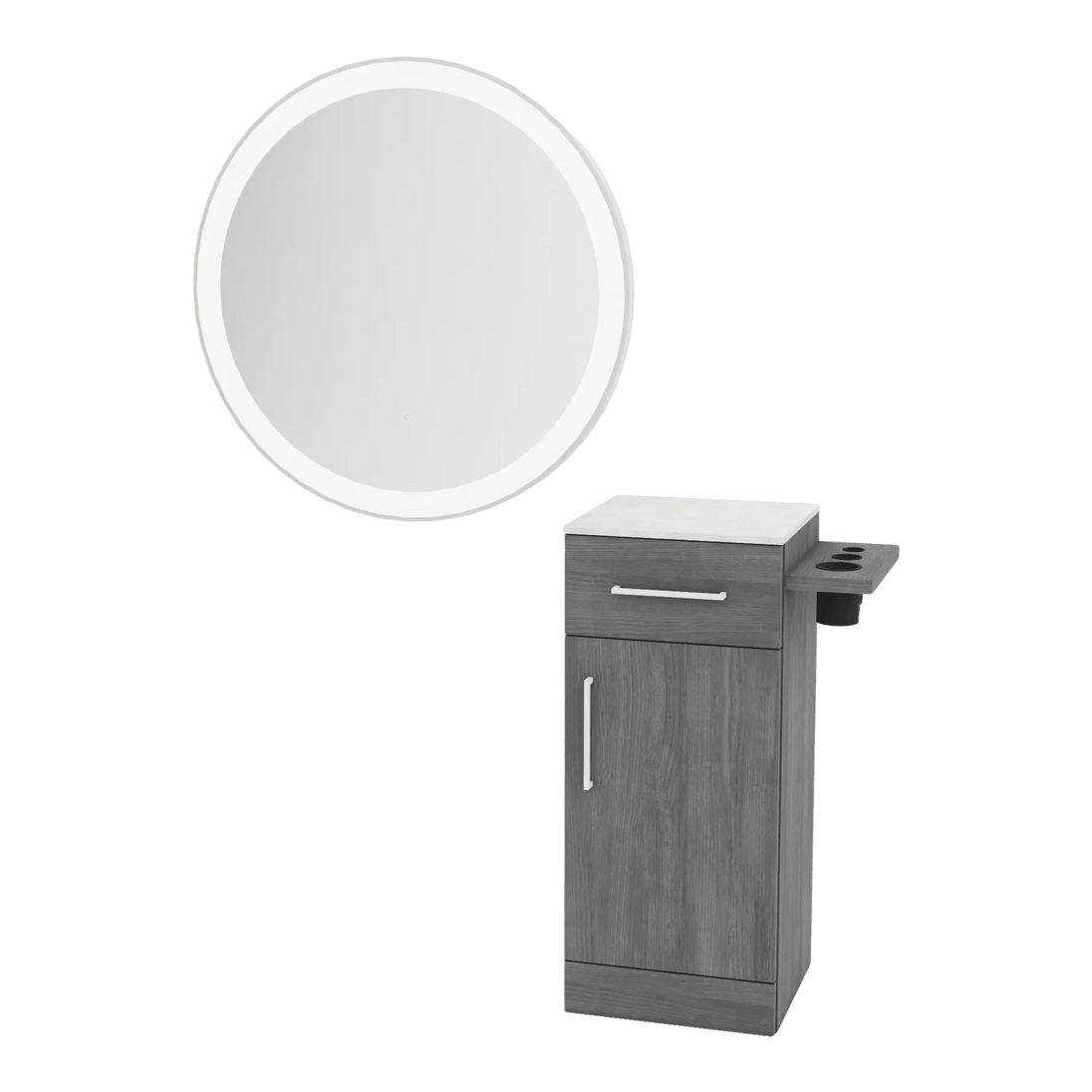 Nova Tower Free Standing Styling Station with Side-Mount Appliance Holder, Solid Surface Countertop, and Silver Round Glo Mirror - Kaemark