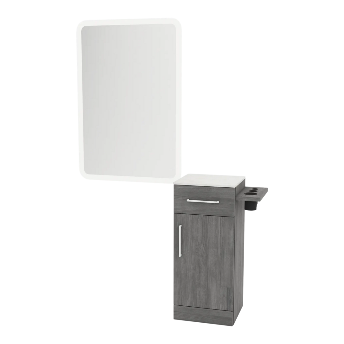 Nova Tower Free Standing Styling Station with Side-Mount Appliance Holder, Solid Surface Countertop, and White Rectangle Illuminate Back Lit Mirror - Kaemark
