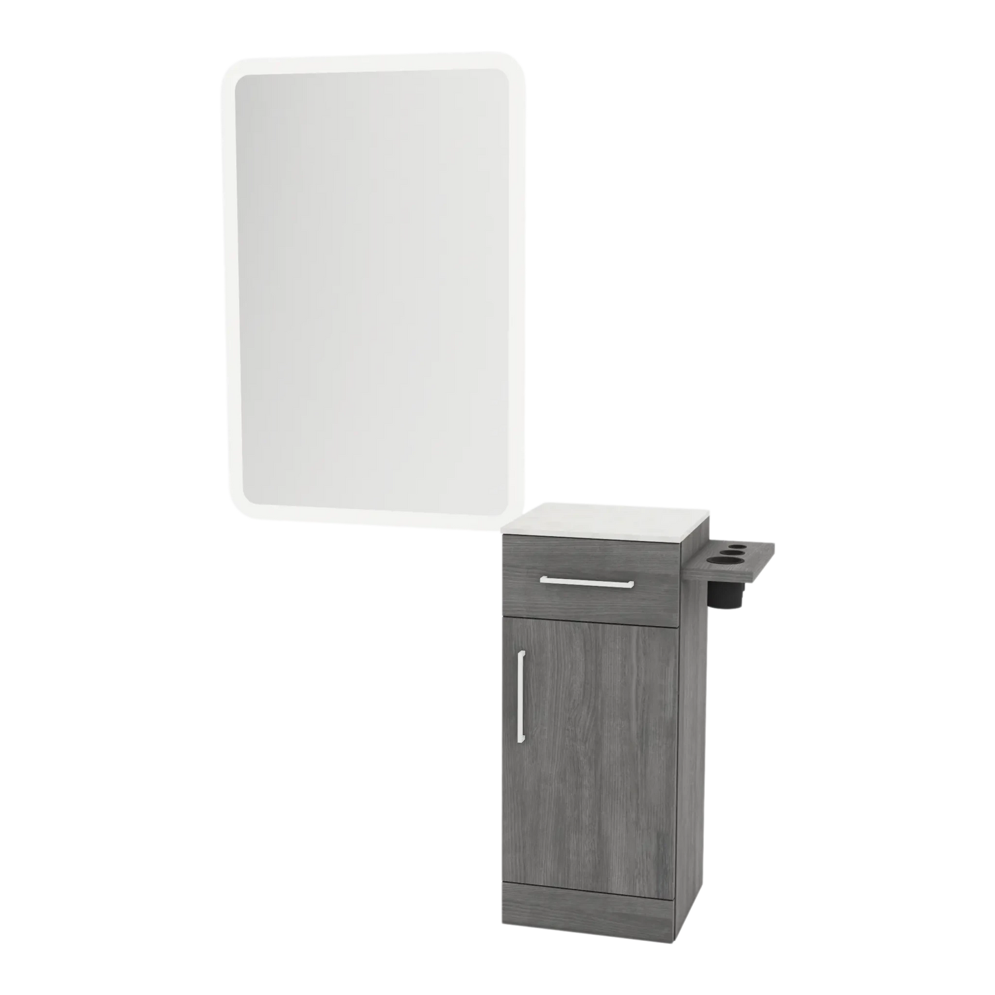 Nova Tower Free Standing Styling Station with Side-Mount Appliance Holder, Solid Surface Countertop, and White Rectangle Illuminate Back Lit Mirror - Kaemark