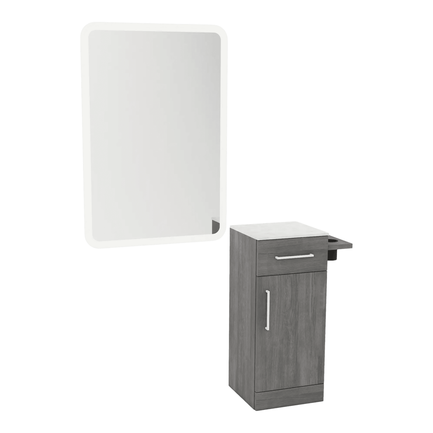 Nova Tower Free Standing Styling Station with Side-Mount Appliance Holder, Solid Surface Countertop, and White Rectangle Illuminate Back Lit Mirror - Kaemark