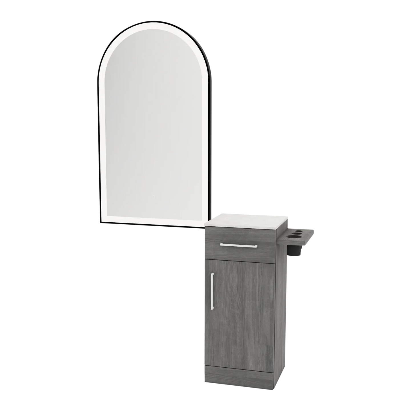 Nova Tower Free Standing Styling Station with Side-Mount Appliance Holder, Solid Surface Countertop, and Black Arch Paloma Mirror - Kaemark