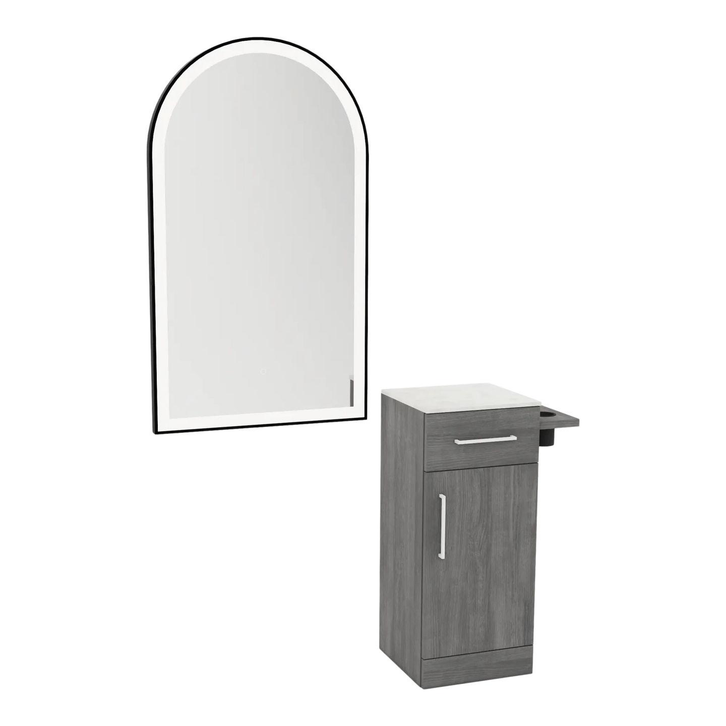 Nova Tower Free Standing Styling Station with Side-Mount Appliance Holder, Solid Surface Countertop, and Black Arch Paloma Mirror - Kaemark