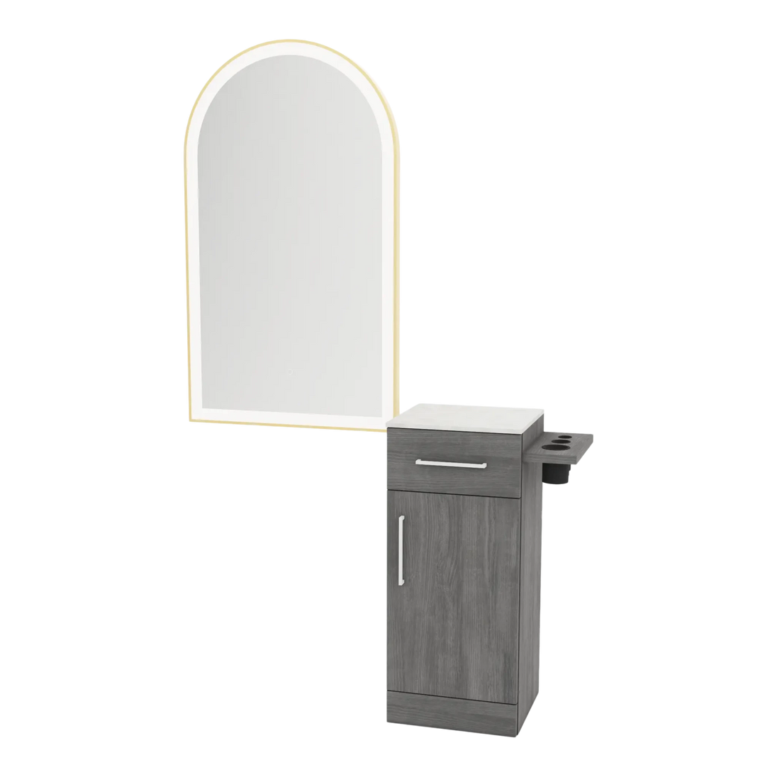 Nova Tower Free Standing Styling Station with Side-Mount Appliance Holder, Solid Surface Countertop, and Gold Arch Paloma Mirror - Kaemark