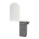 Nova Tower Free Standing Styling Station with Side-Mount Appliance Holder, Solid Surface Countertop, and Gold Arch Paloma Mirror - Kaemark
