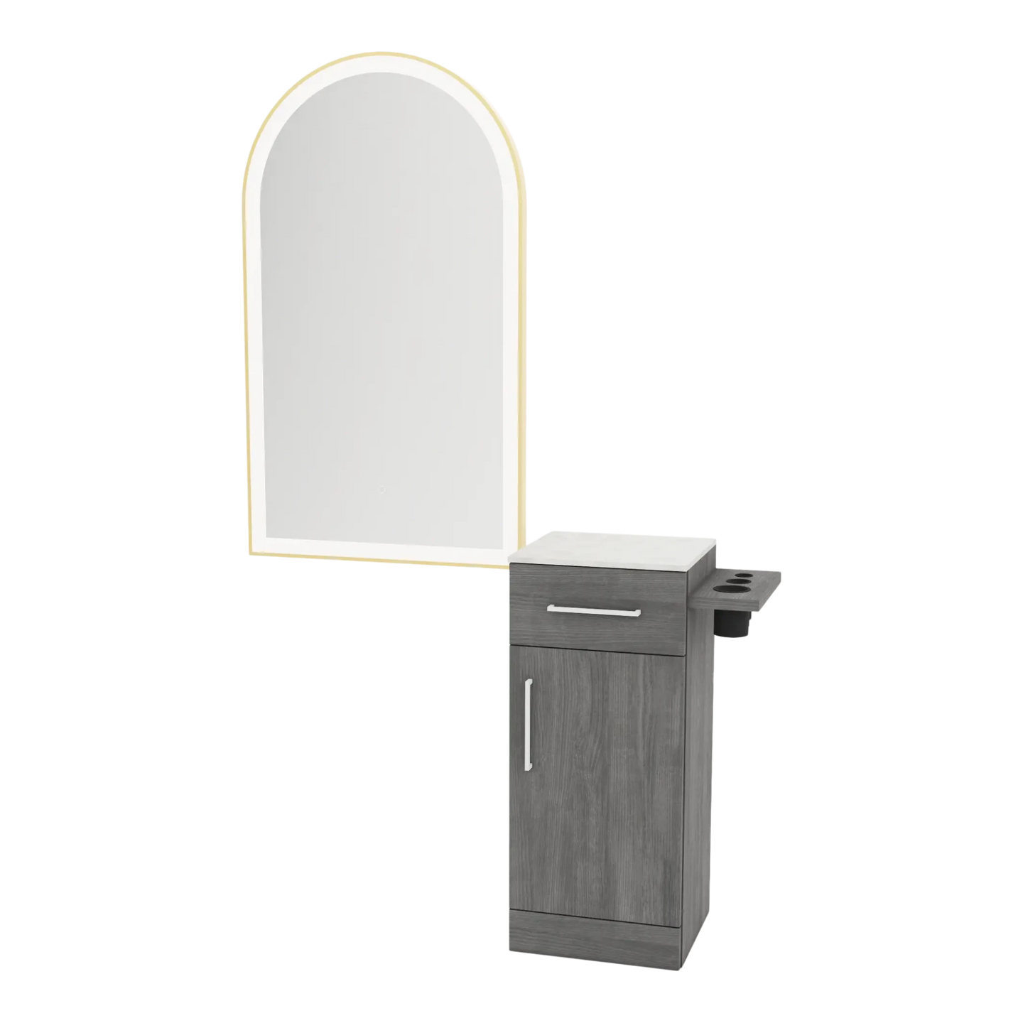 Nova Tower Free Standing Styling Station with Side-Mount Appliance Holder, Solid Surface Countertop, and Gold Arch Paloma Mirror - Kaemark