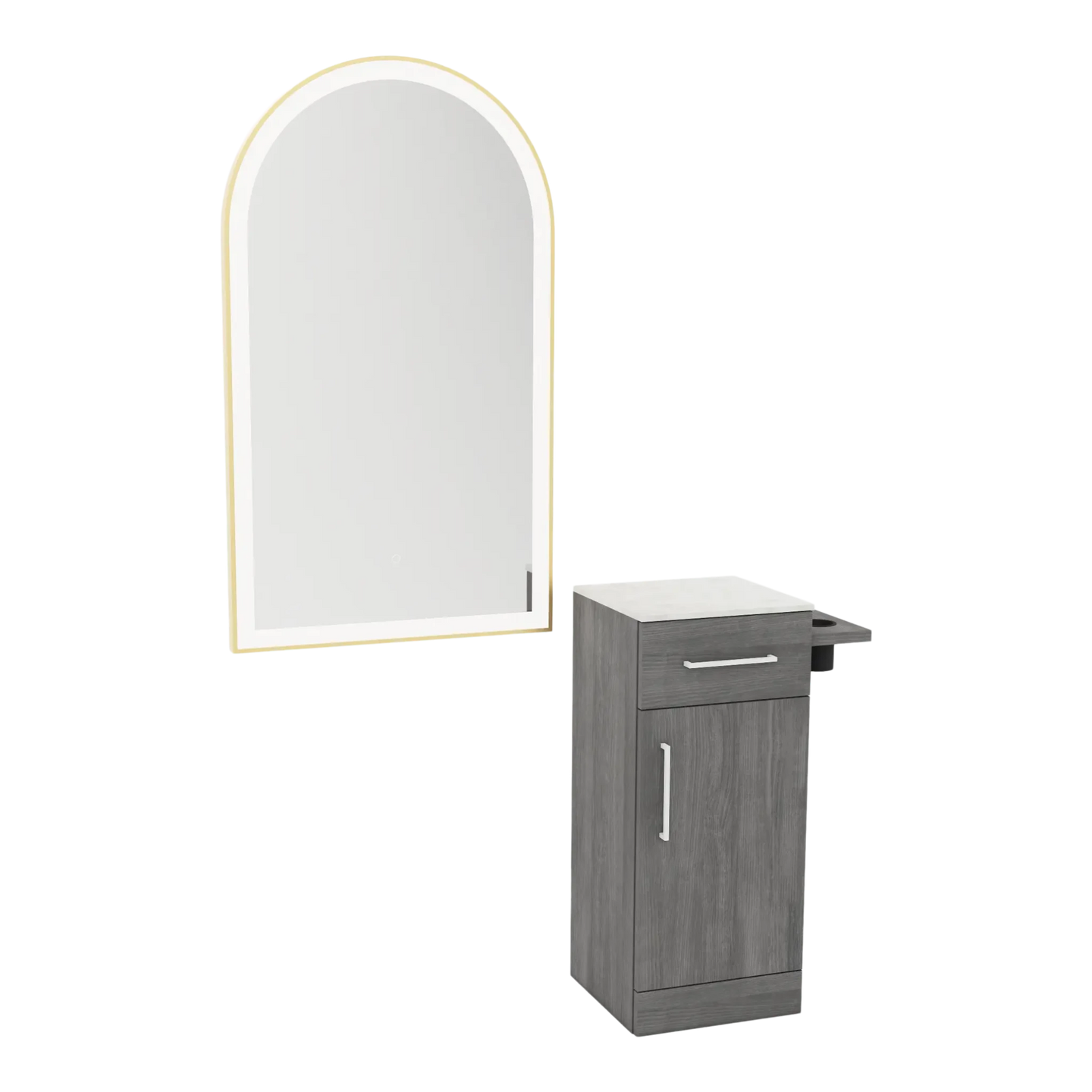 Nova Tower Free Standing Styling Station with Side-Mount Appliance Holder, Solid Surface Countertop, and Gold Arch Paloma Mirror - Kaemark