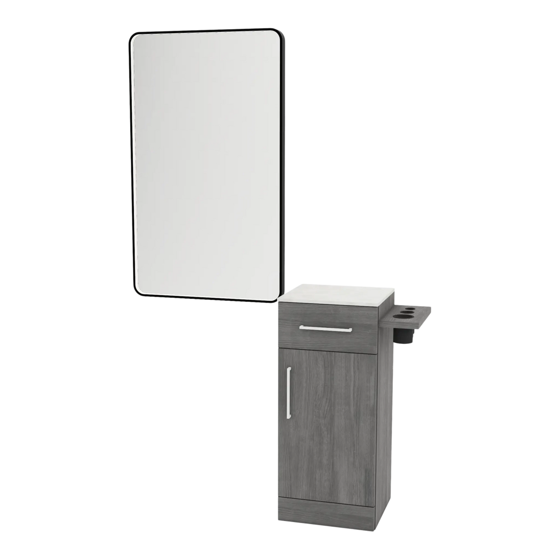 Nova Tower Free Standing Styling Station with Side-Mount Appliance Holder, Solid Surface Countertop, and Black Rectangle Westin Mirror - Kaemark