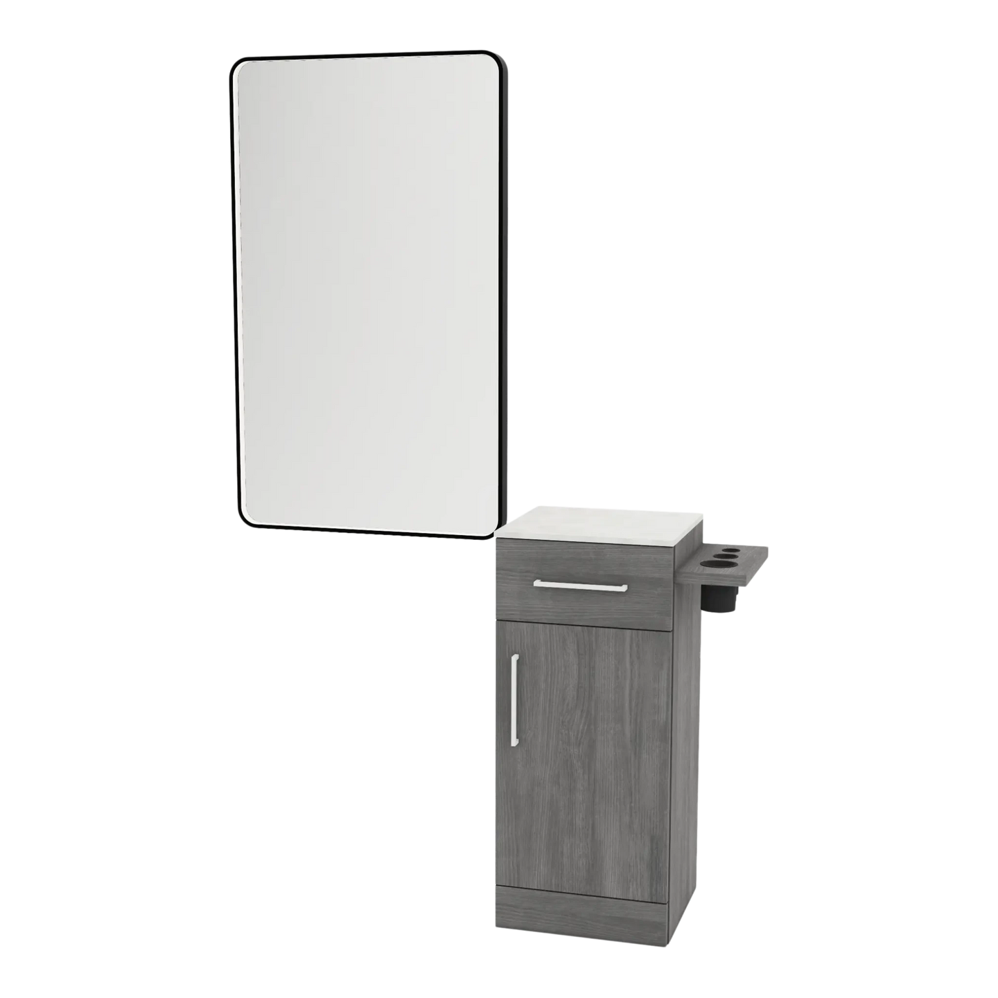 Nova Tower Free Standing Styling Station with Side-Mount Appliance Holder, Solid Surface Countertop, and Black Rectangle Westin Mirror - Kaemark