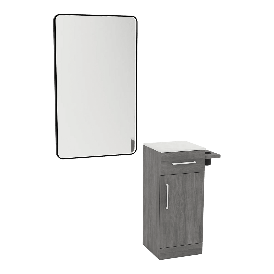 Nova Tower Free Standing Styling Station with Side-Mount Appliance Holder, Solid Surface Countertop, and Black Rectangle Westin Mirror - Kaemark