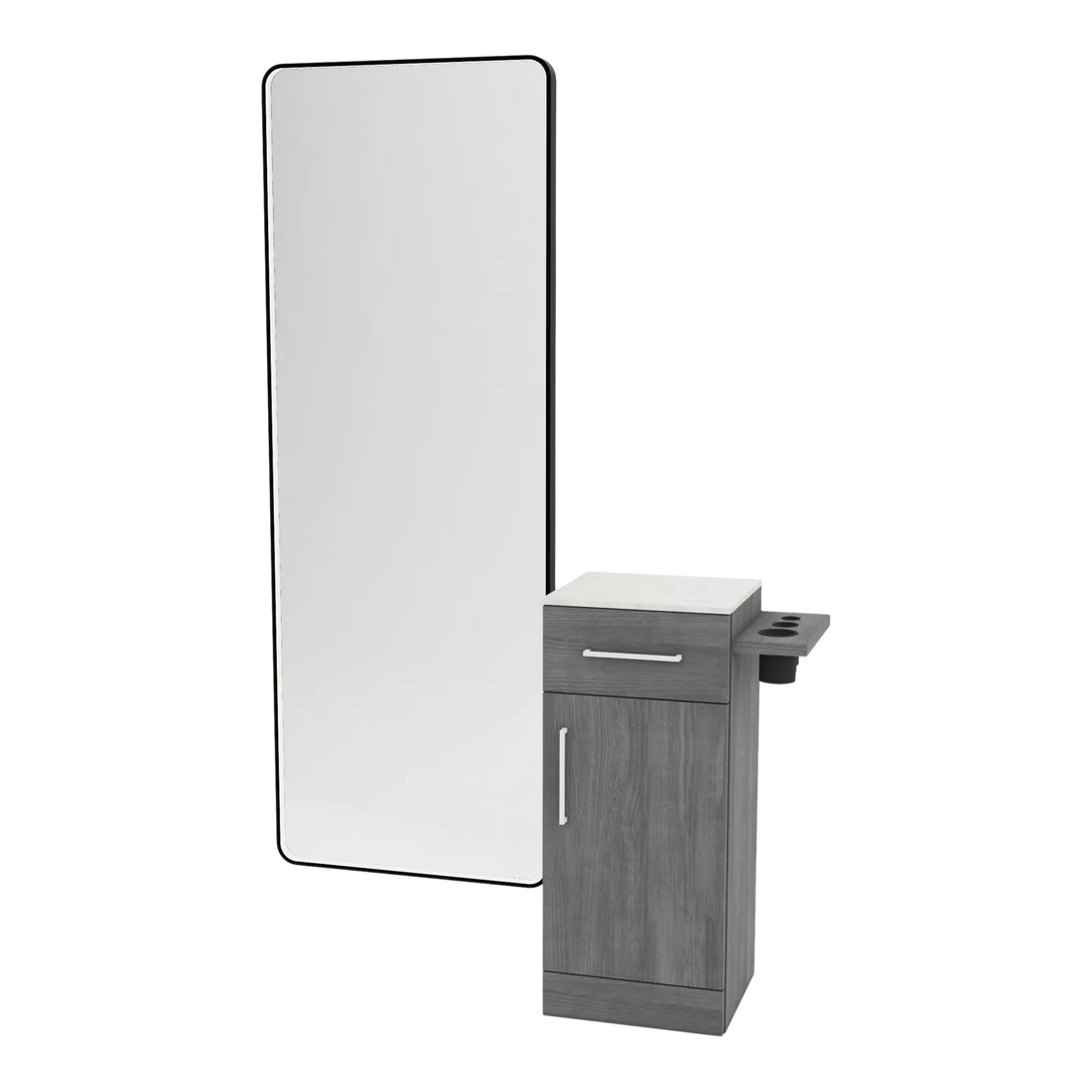 Nova Tower Free Standing Styling Station with Side-Mount Appliance Holder, Solid Surface Countertop, and Black Full-Length Rectangle Westin Mirror - Kaemark