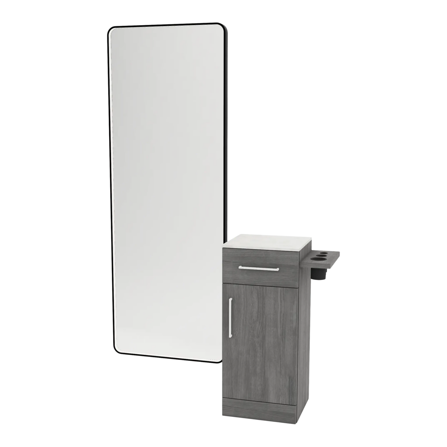 Nova Tower Free Standing Styling Station with Side-Mount Appliance Holder, Solid Surface Countertop, and Black Full-Length Rectangle Westin Mirror - Kaemark