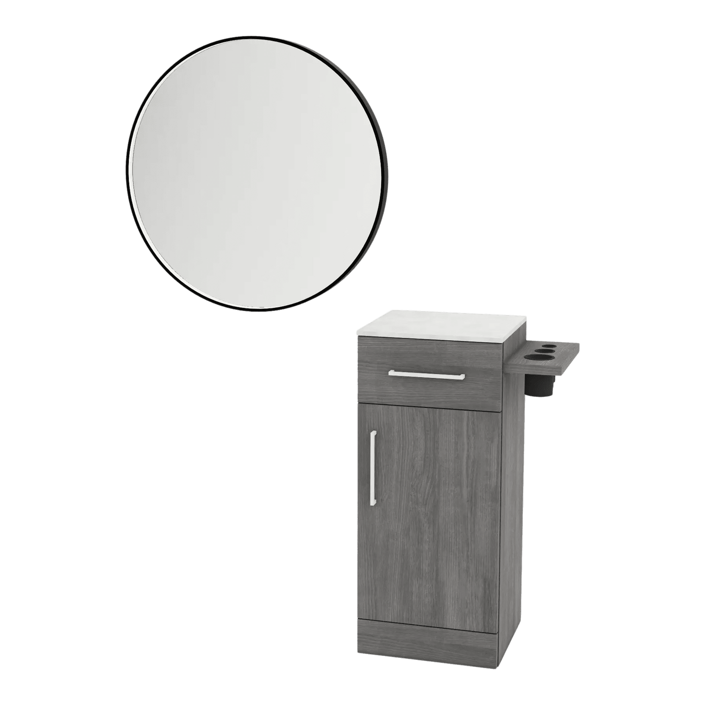 Nova Tower Free Standing Styling Station with Side-Mount Appliance Holder, Solid Surface Countertop, and Silver Round Glo Mirror - Kaemark