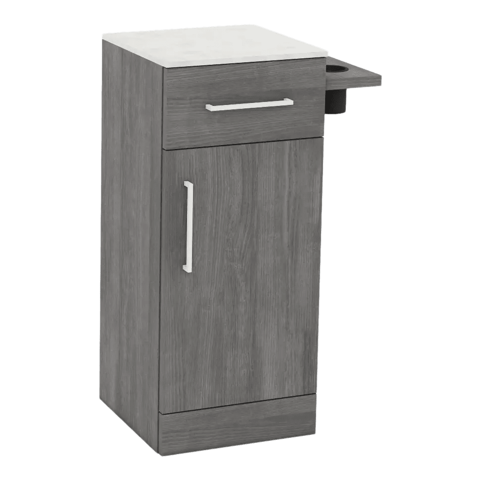 Nova Tower Free Standing Styling Station with Side-Mount Appliance Holder and Solid Surface Countertop (Cabinet Only) - Kaemark
