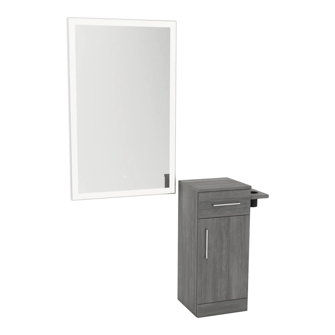 Nova Tower Free Standing Styling Station with Side-Mount Appliance Holder and Silver Rectangle Glo Mirror - Kaemark