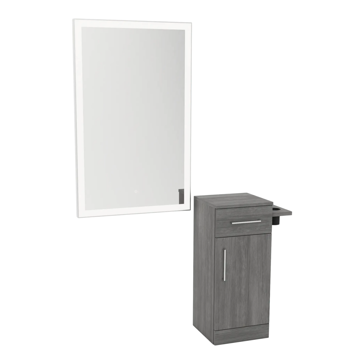 Nova Tower Free Standing Styling Station with Side-Mount Appliance Holder and Silver Rectangle Glo Mirror - Kaemark