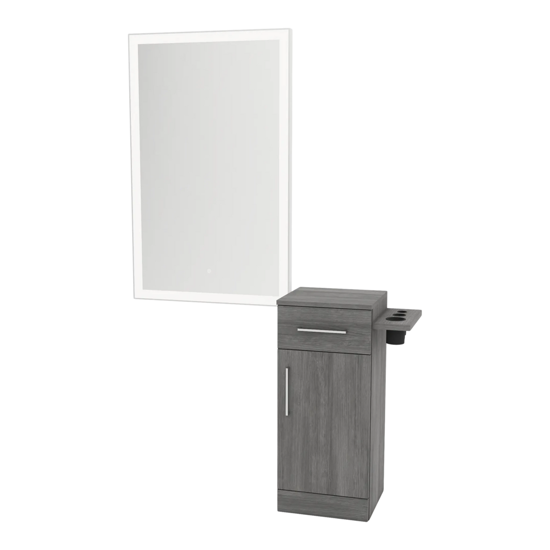 Nova Tower Free Standing Styling Station with Side-Mount Appliance Holder and Silver Rectangle Glo Mirror - Kaemark