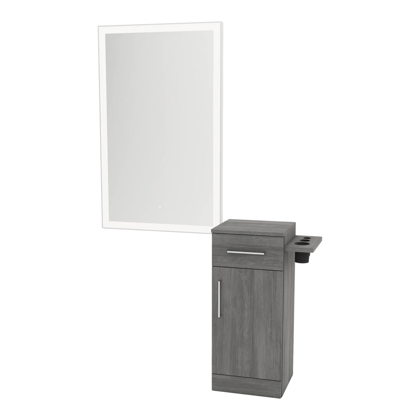 Nova Tower Free Standing Styling Station with Side-Mount Appliance Holder and Silver Rectangle Glo Mirror - Kaemark
