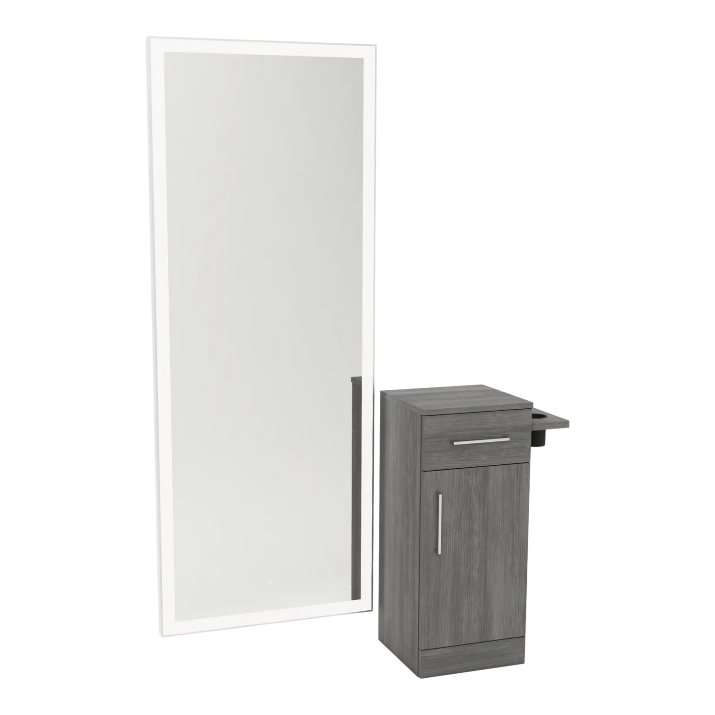 Nova Tower Free Standing Styling Station with Side-Mount Appliance Holder and Silver Full-Length Rectangle Glo Mirror - Kaemark