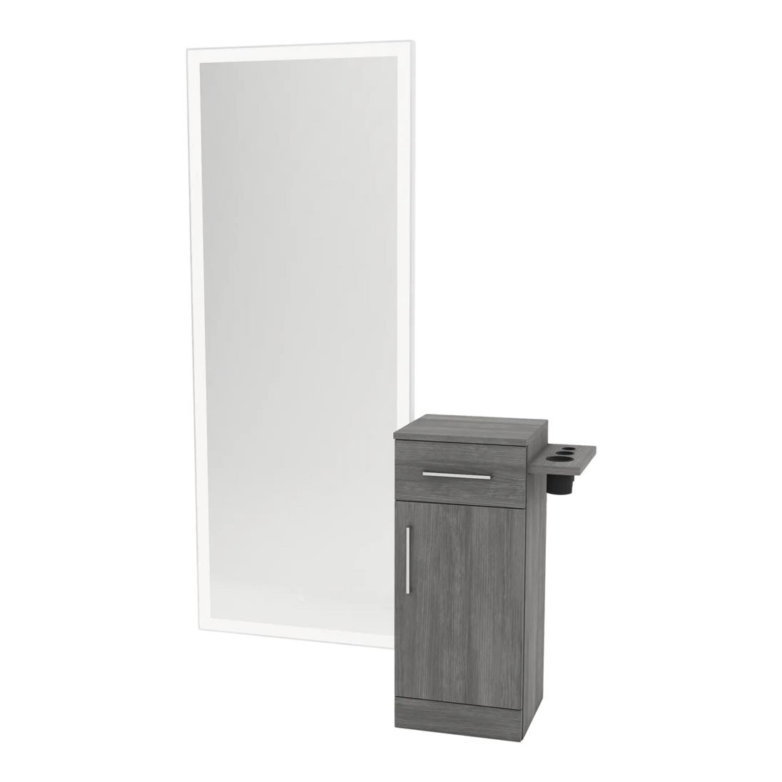 Nova Tower Free Standing Styling Station with Side-Mount Appliance Holder and Silver Full-Length Rectangle Glo Mirror - Kaemark