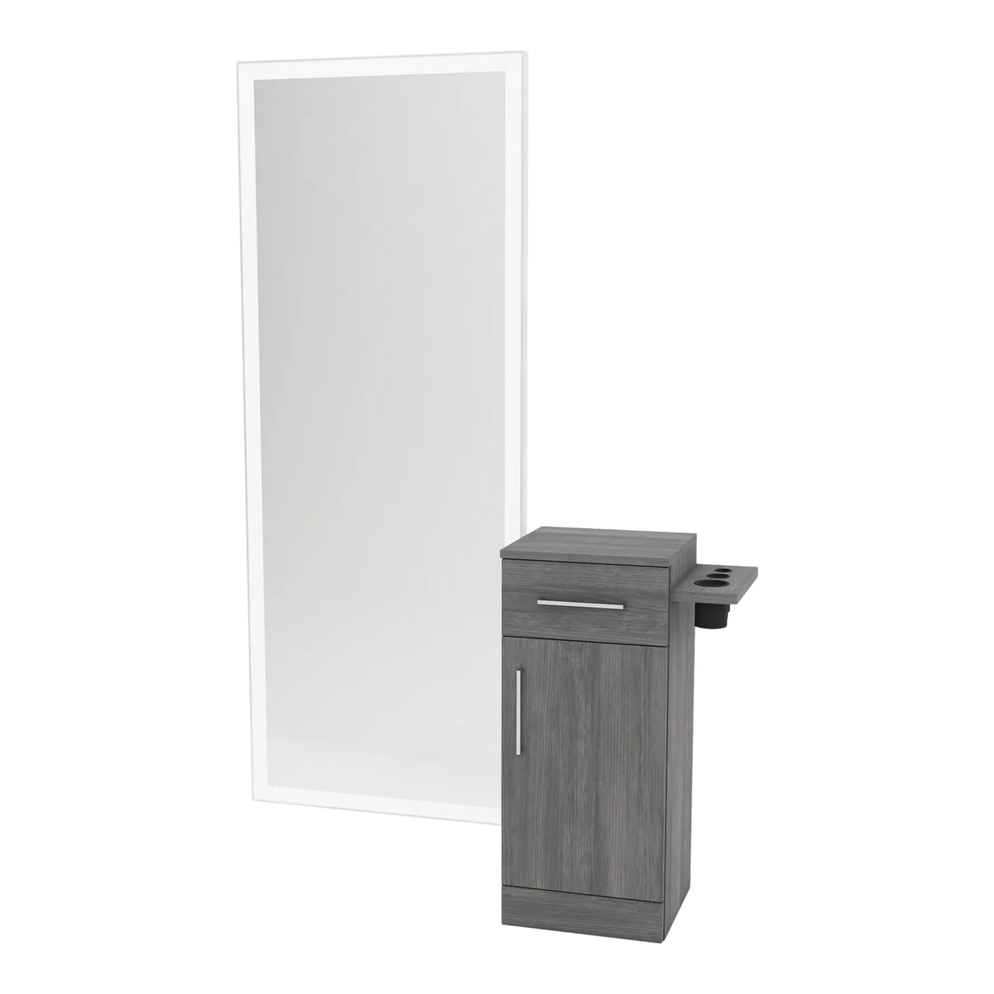 Nova Tower Free Standing Styling Station with Side-Mount Appliance Holder and Silver Full-Length Rectangle Glo Mirror - Kaemark