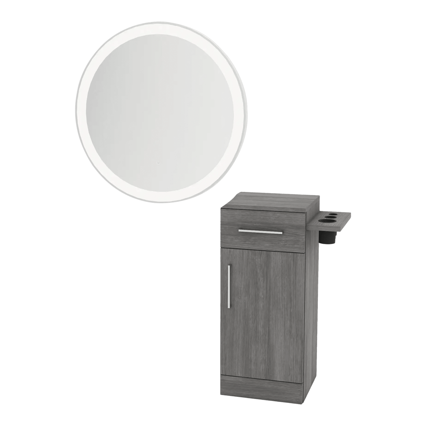Nova Tower Free Standing Styling Station with Side-Mount Appliance Holder and Silver Round Glo Mirror - Kaemark