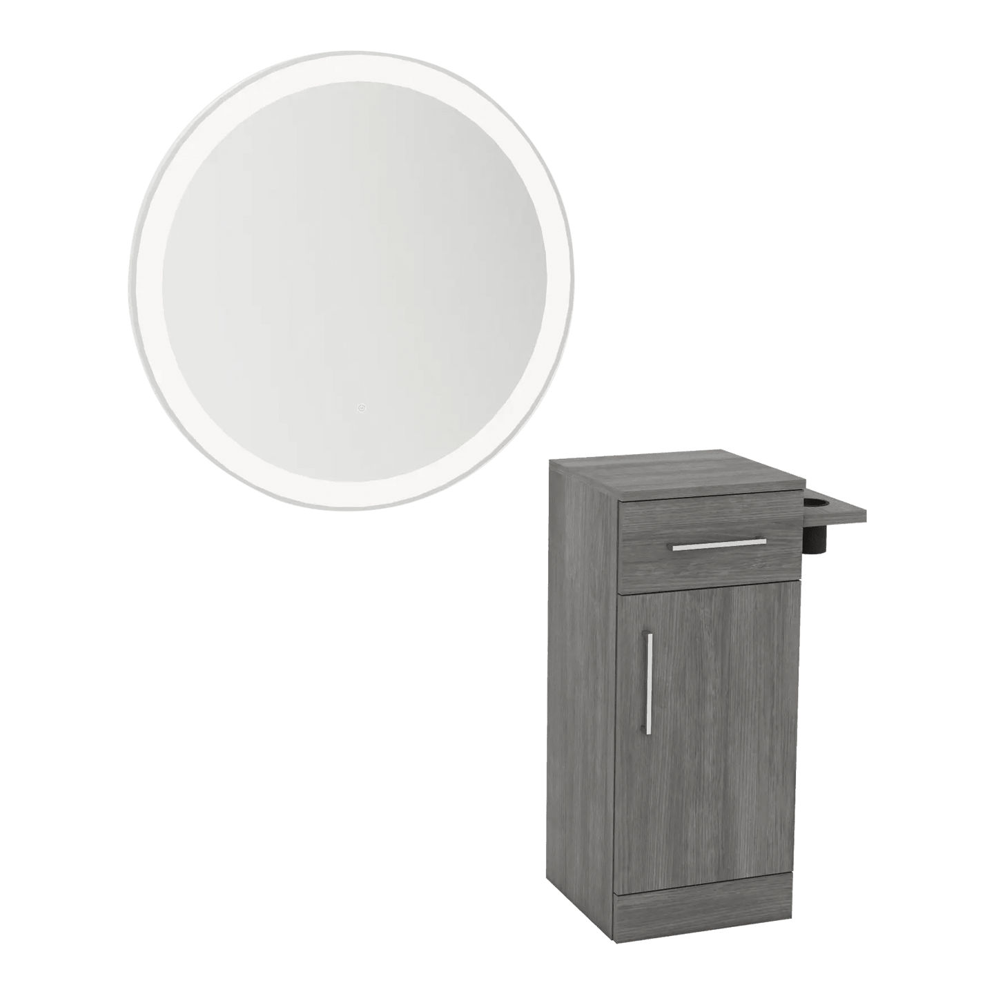 Nova Tower Free Standing Styling Station with Side-Mount Appliance Holder and Silver Round Glo Mirror - Kaemark