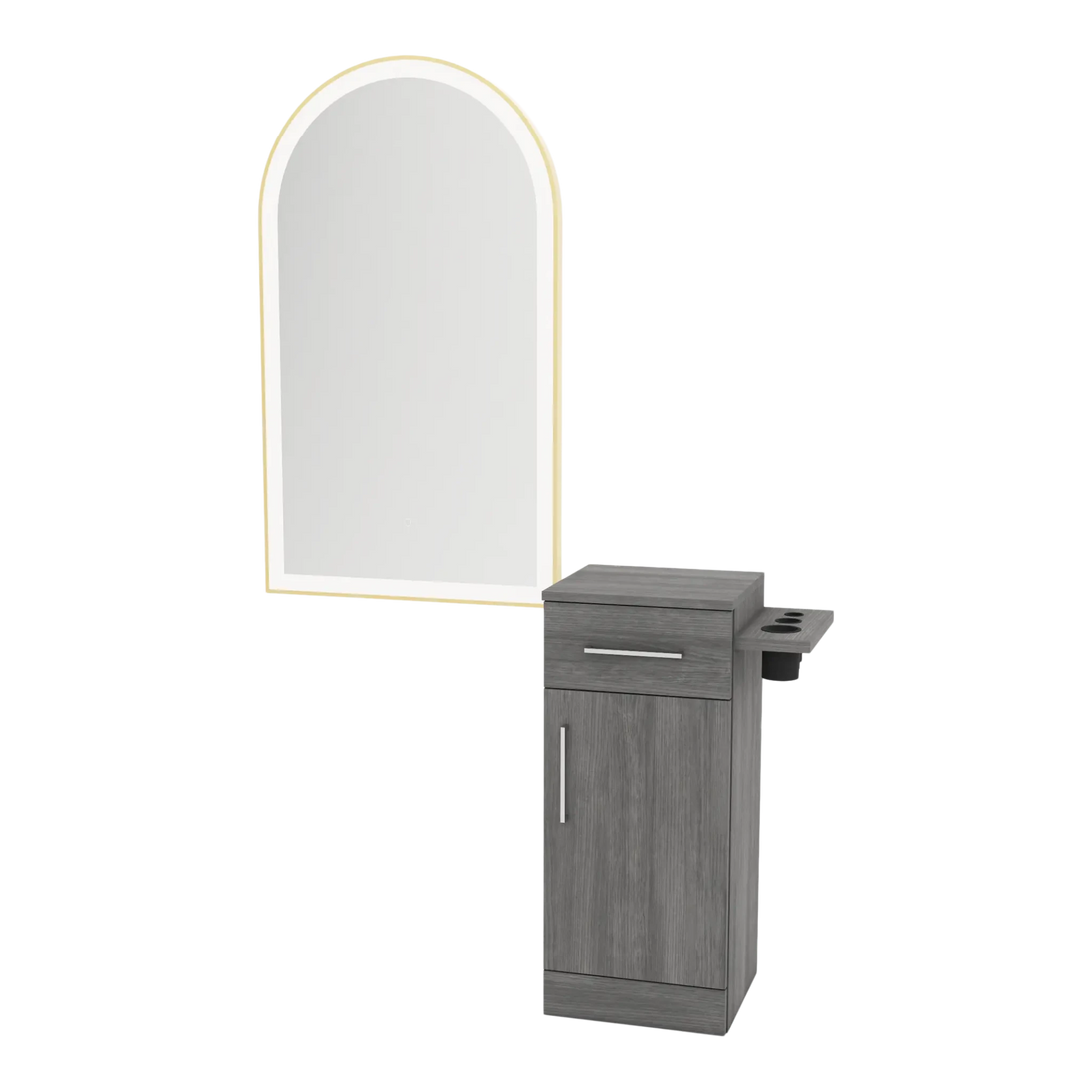 Nova Tower Free Standing Styling Station with Side-Mount Appliance Holder and Gold Arch Paloma Mirror - Kaemark