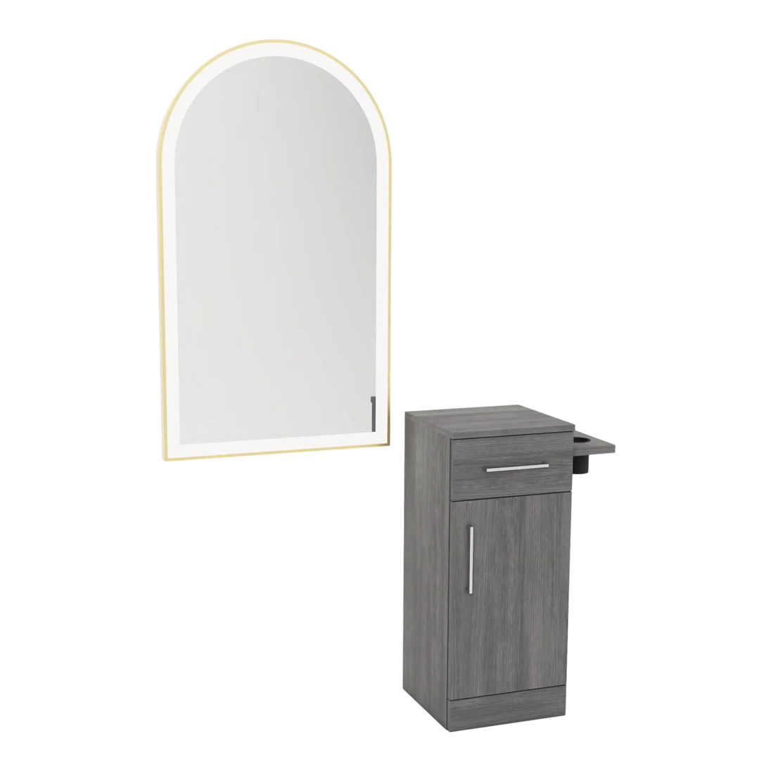 Nova Tower Free Standing Styling Station with Side-Mount Appliance Holder and Gold Arch Paloma Mirror - Kaemark