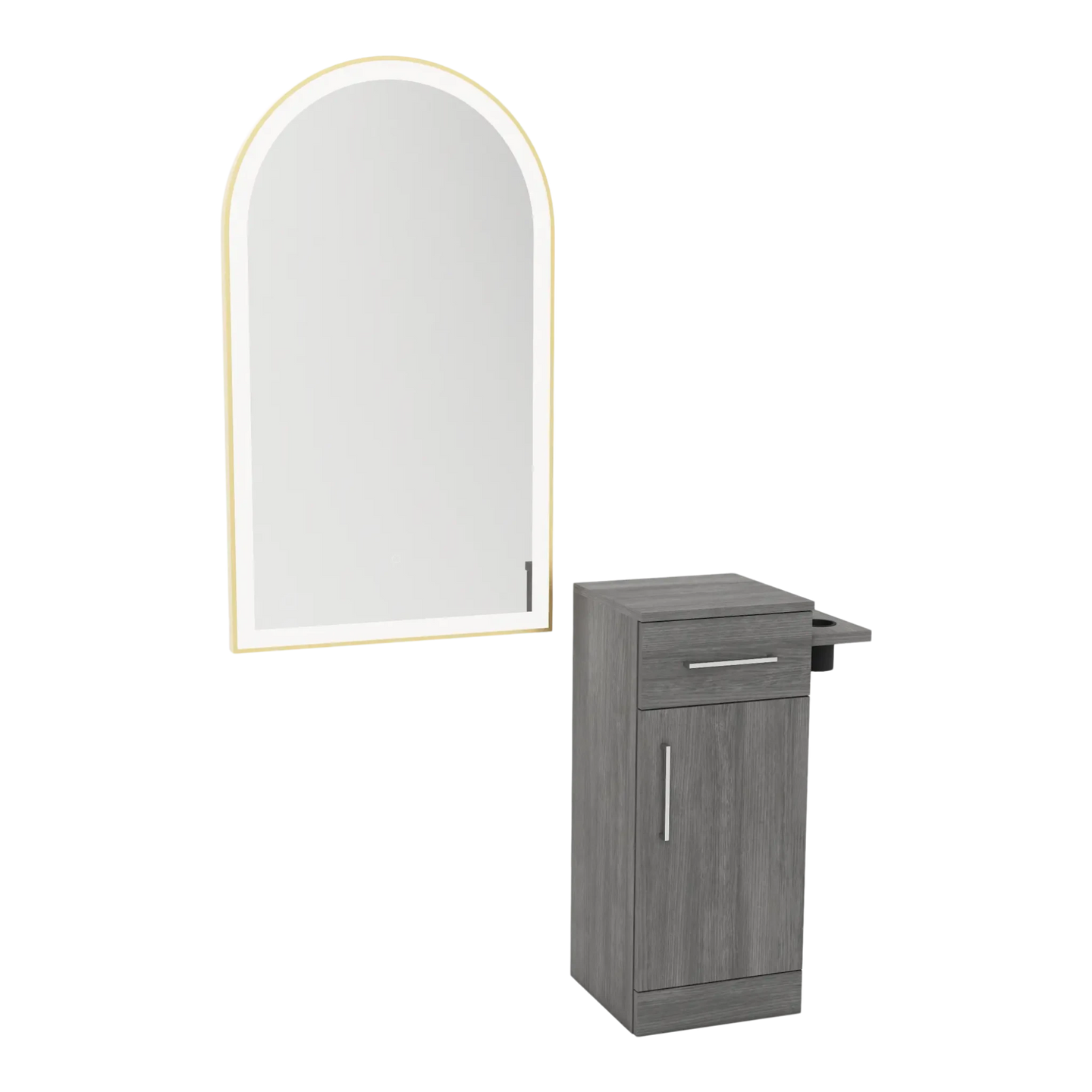 Nova Tower Free Standing Styling Station with Side-Mount Appliance Holder and Gold Arch Paloma Mirror - Kaemark