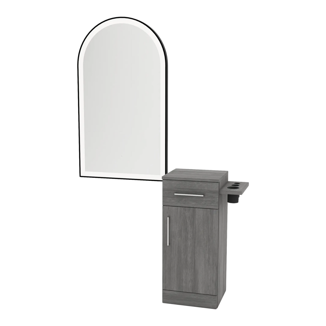 Nova Tower Free Standing Styling Station with Side-Mount Appliance Holder and Black Arch Paloma Mirror - Kaemark