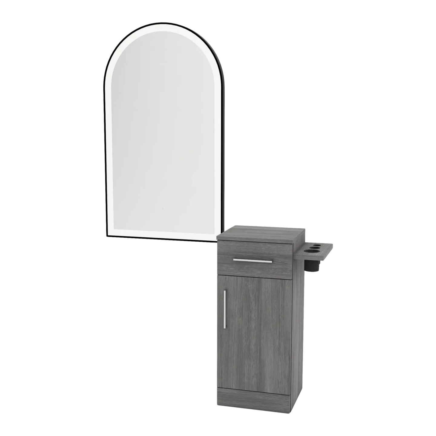 Nova Tower Free Standing Styling Station with Side-Mount Appliance Holder and Black Arch Paloma Mirror - Kaemark