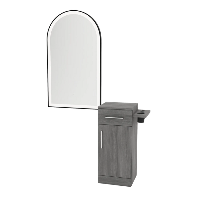 Nova Tower Free Standing Styling Station with Side-Mount Appliance Holder and Black Arch Paloma Mirror - Kaemark