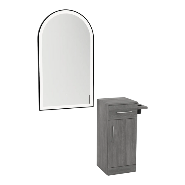 Nova Tower Free Standing Styling Station with Side-Mount Appliance Holder and Black Arch Paloma Mirror - Kaemark