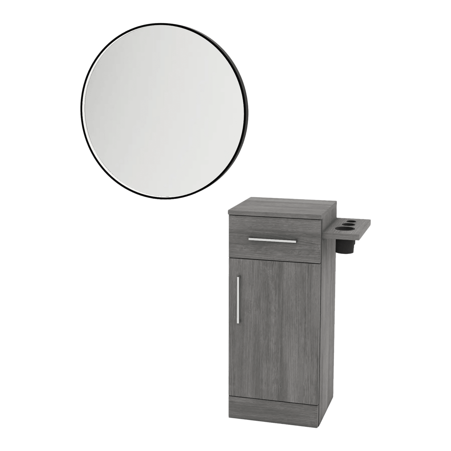 Nova Tower Free Standing Styling Station with Side-Mount Appliance Holder and Black Round Westin Mirror - Kaemark