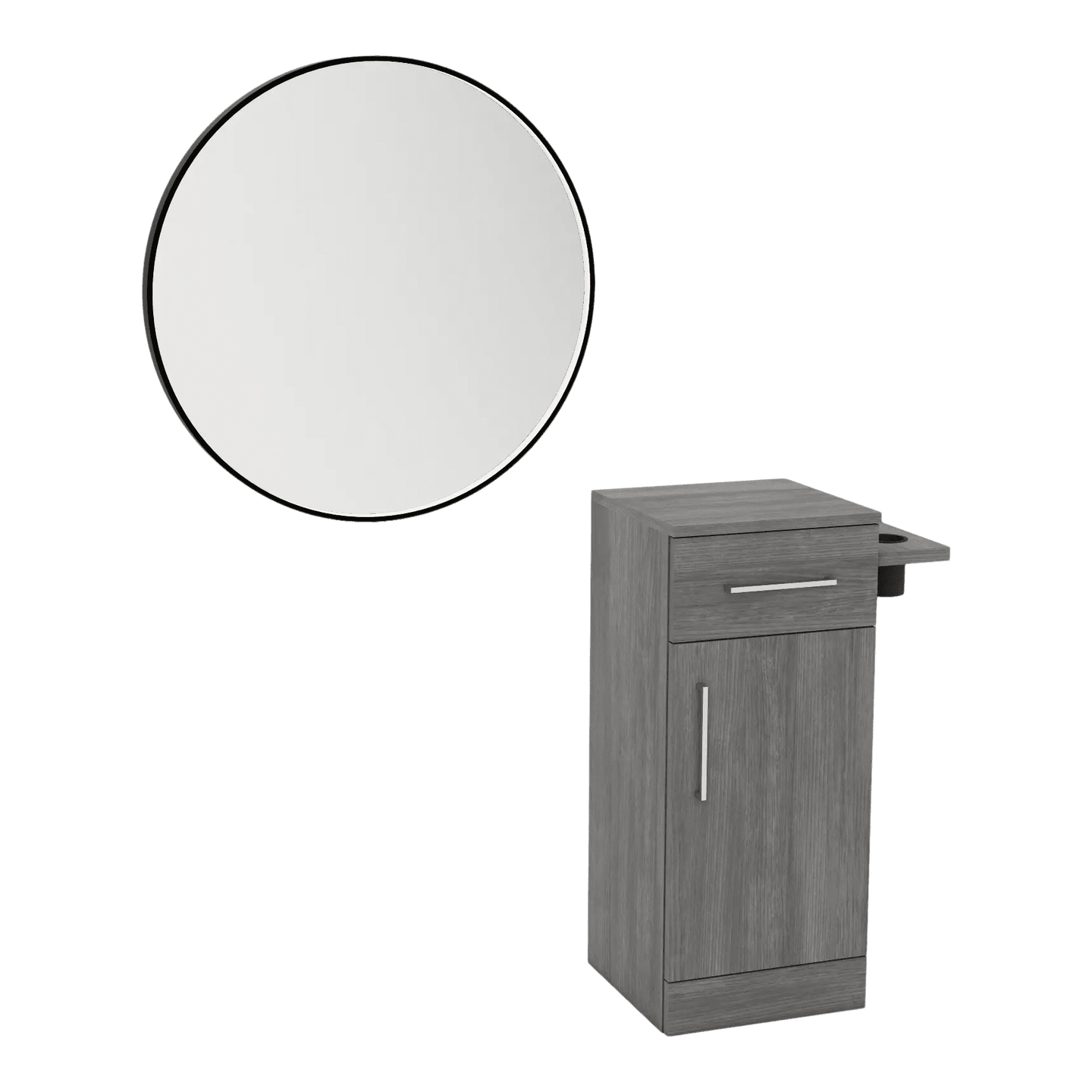 Nova Tower Free Standing Styling Station with Side-Mount Appliance Holder and Black Round Westin Mirror - Kaemark
