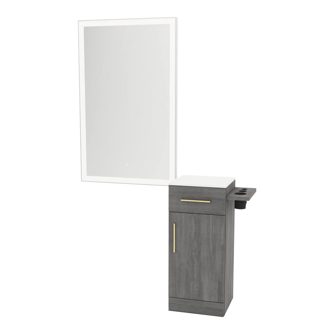 Nova Wall Mount Styling Station with Concealed Appliance Holder, Solid Surface Countertop, and Silver Rectangle Glo Mirror - Kaemark