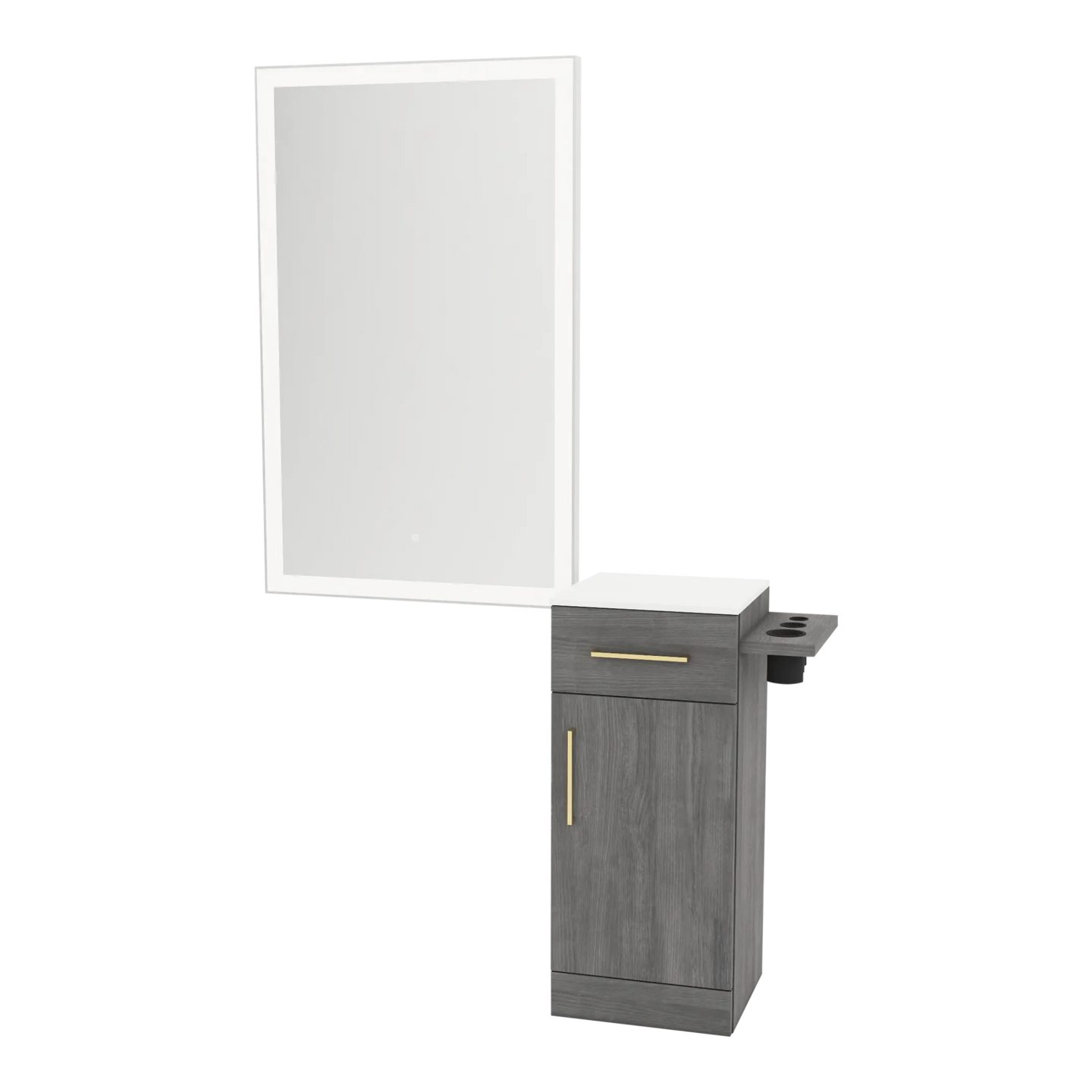 Nova Wall Mount Styling Station with Concealed Appliance Holder, Solid Surface Countertop, and Silver Rectangle Glo Mirror - Kaemark