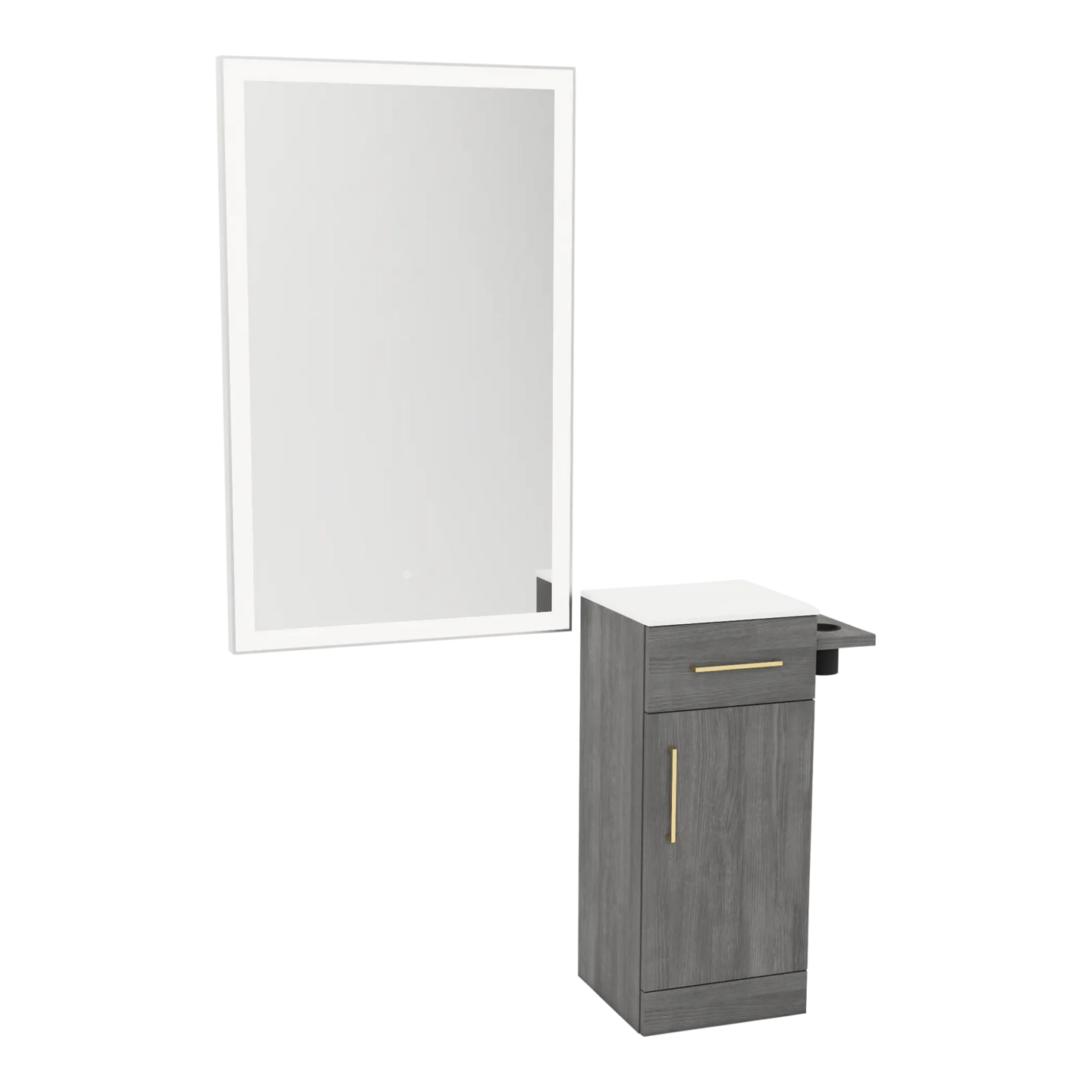 Nova Wall Mount Styling Station with Concealed Appliance Holder, Solid Surface Countertop, and Silver Rectangle Glo Mirror - Kaemark