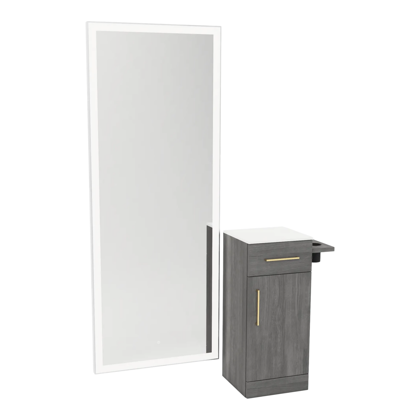 Nova Tower Free Standing Styling Station with Side-Mount Appliance Holder, Solid Surface Countertop, and Silver Full-Length Rectangle Glo Mirror - Kaemark