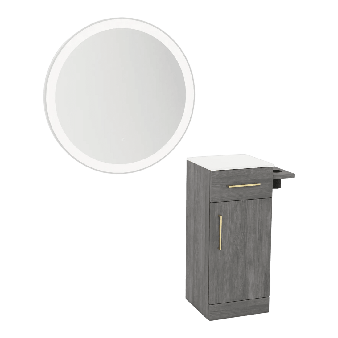 Nova Tower Free Standing Styling Station with Side-Mount Appliance Holder, Solid Surface Countertop, and Silver Round Glo Mirror - Kaemark