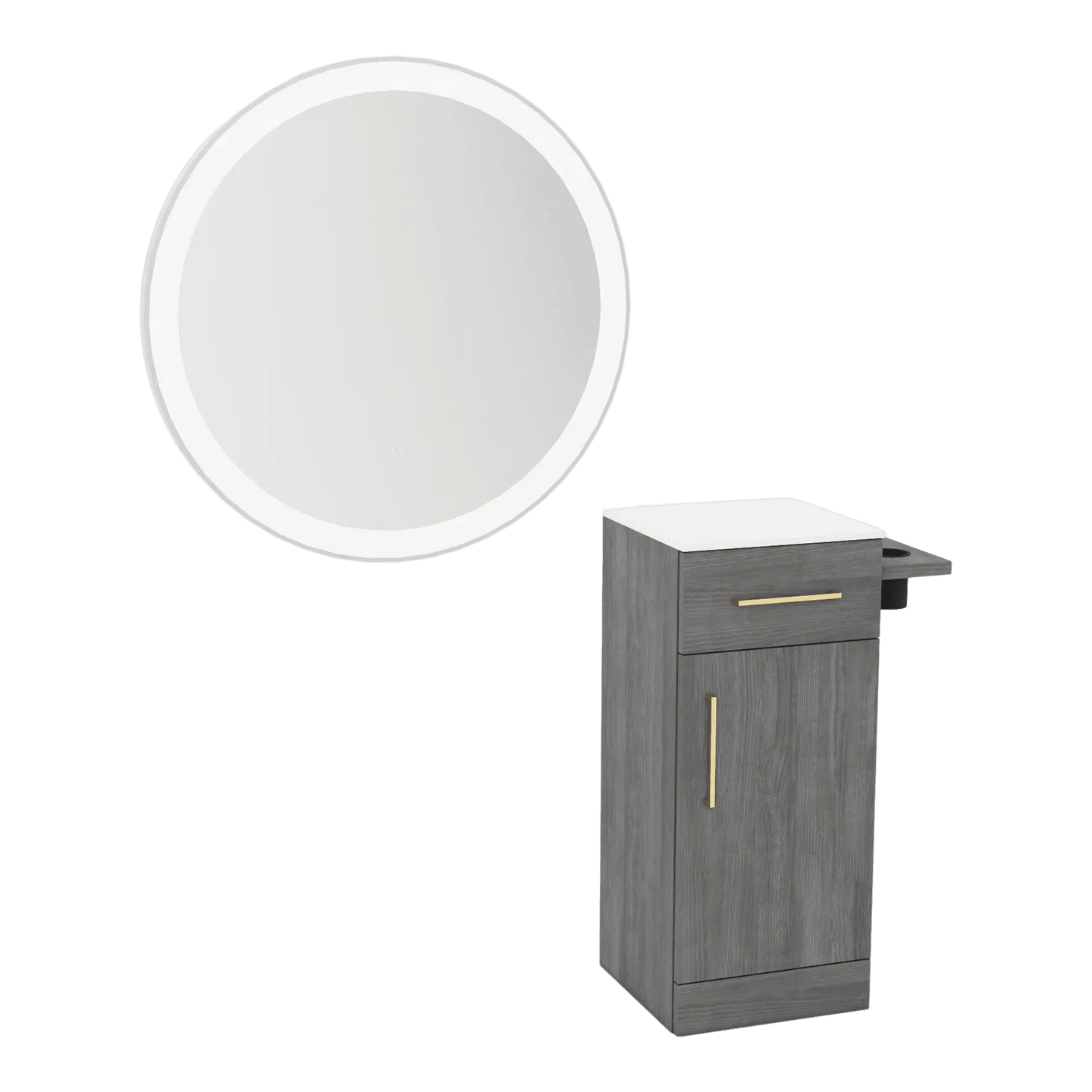Nova Tower Free Standing Styling Station with Side-Mount Appliance Holder, Solid Surface Countertop, and Silver Round Glo Mirror - Kaemark