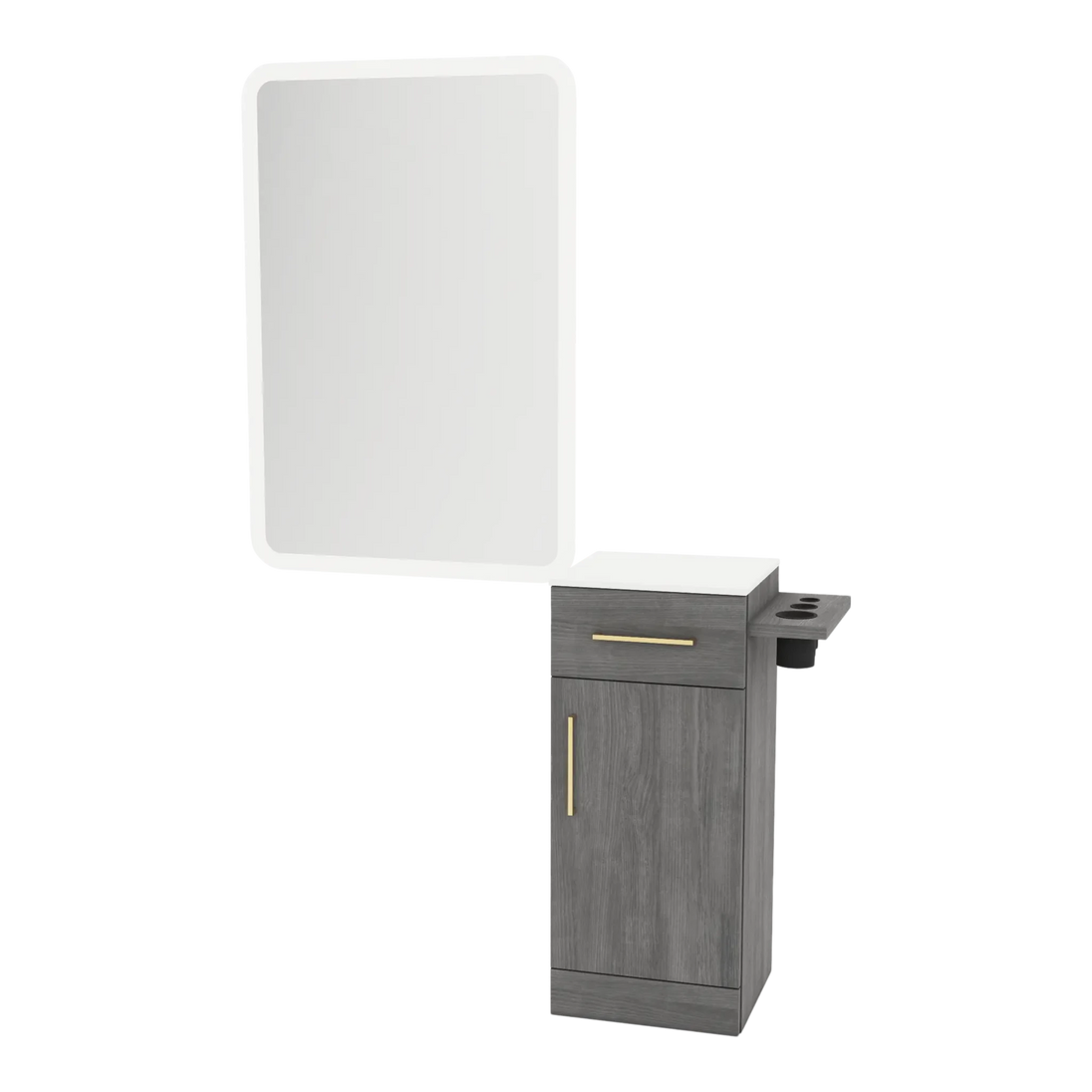 Nova Tower Free Standing Styling Station with Side-Mount Appliance Holder, Solid Surface Countertop, and White Rectangle Illuminate Back Lit Mirror - Kaemark