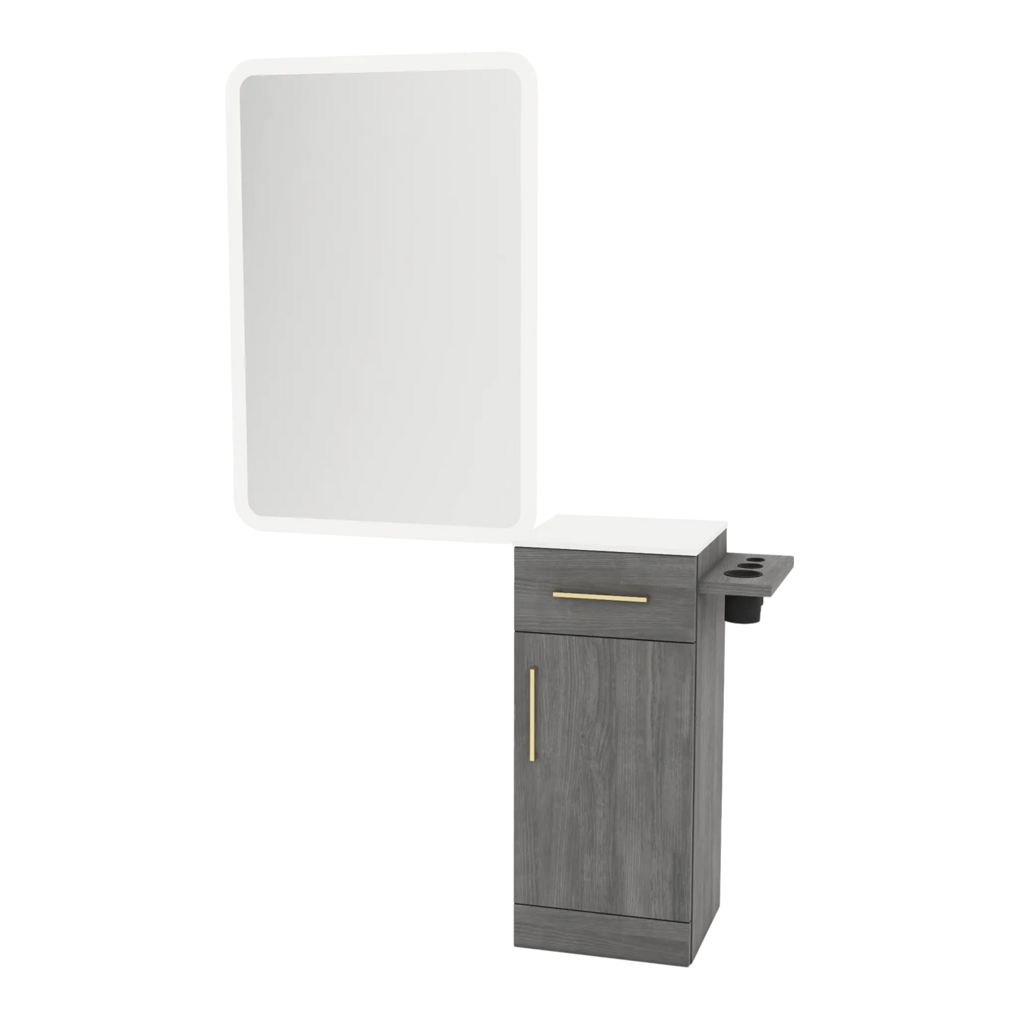 Nova Tower Free Standing Styling Station with Side-Mount Appliance Holder, Solid Surface Countertop, and White Rectangle Illuminate Back Lit Mirror - Kaemark