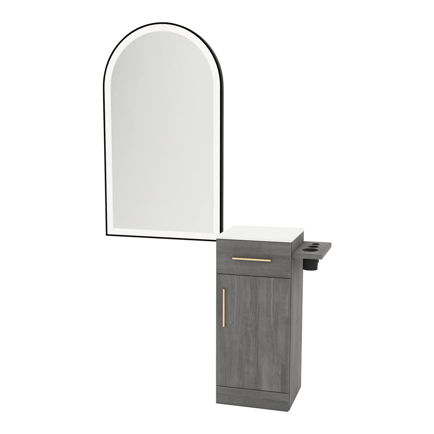Nova Tower Free Standing Styling Station with Side-Mount Appliance Holder, Solid Surface Countertop, and Black Arch Paloma Mirror - Kaemark