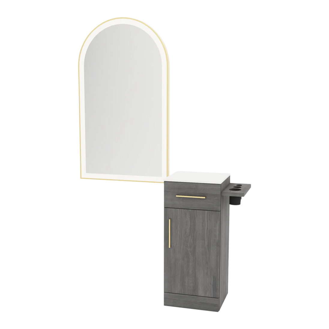 Nova Tower Free Standing Styling Station with Side-Mount Appliance Holder, Solid Surface Countertop, and Gold Arch Paloma Mirror - Kaemark