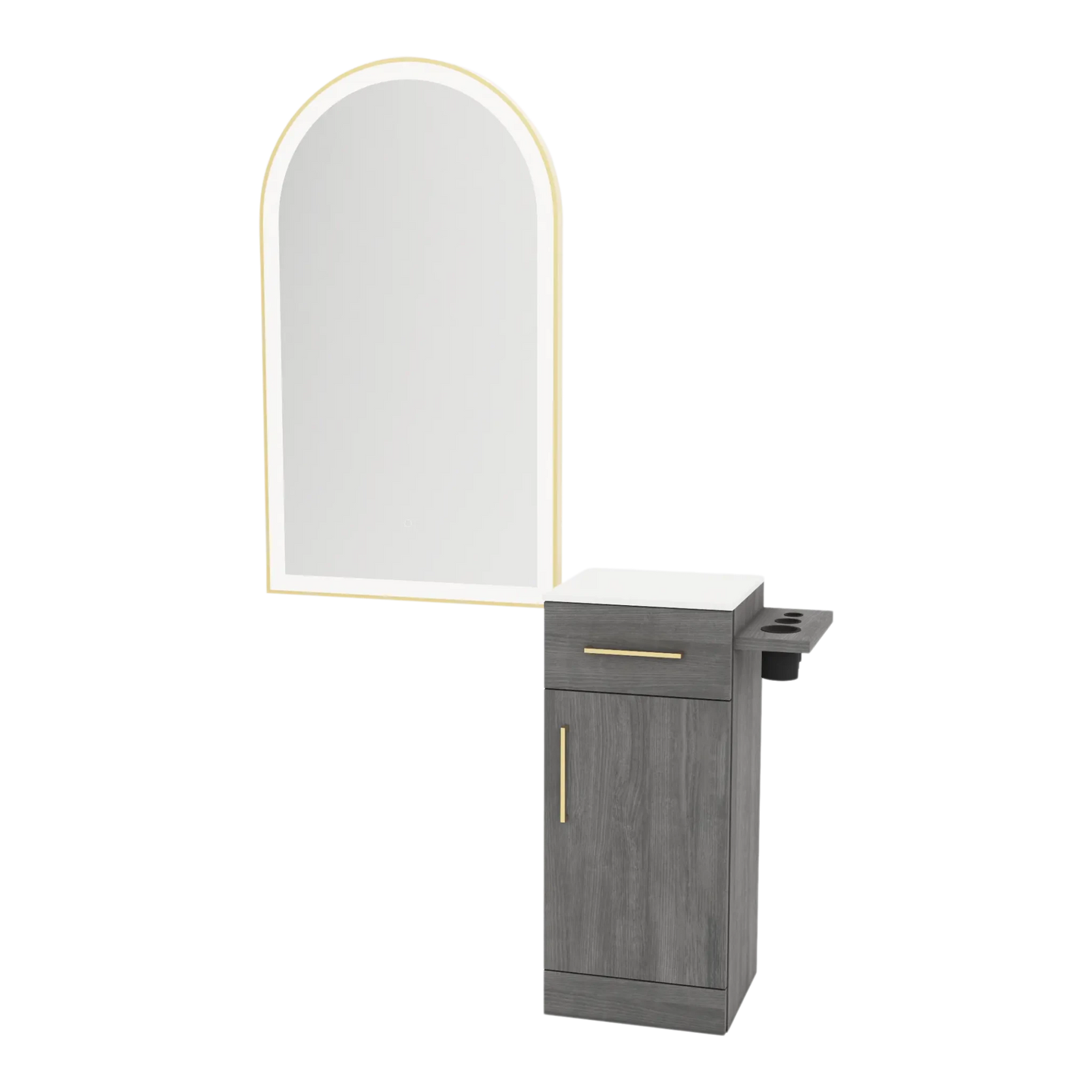 Nova Tower Free Standing Styling Station with Side-Mount Appliance Holder, Solid Surface Countertop, and Gold Arch Paloma Mirror - Kaemark