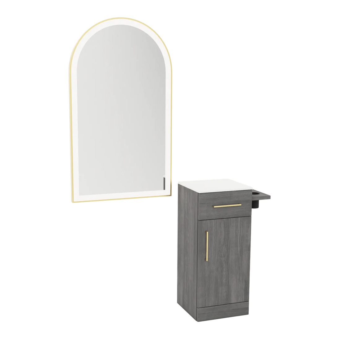 Nova Tower Free Standing Styling Station with Side-Mount Appliance Holder, Solid Surface Countertop, and Gold Arch Paloma Mirror - Kaemark